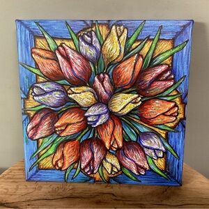 🔵 Like Van Gogh by Erika Stanley - Canvas Tulips Bouquet - Like New Condition